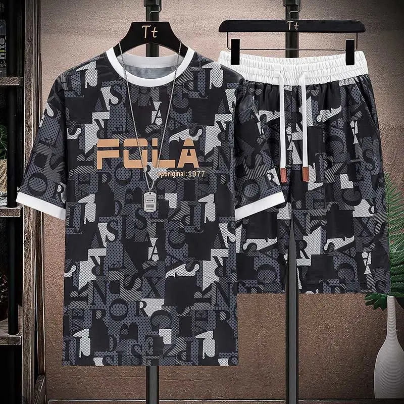 Men's Summer Ice Silk Short Sleeve Shorts Casual Suit Fashion Handsome Suit Thin Style Printed Loose Two-Piece Set