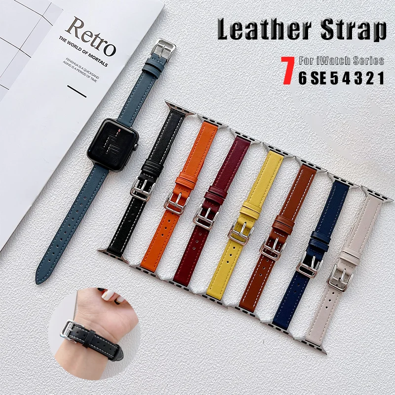 

41mm 45mm Leather Strap for Apple Watch 38mm 42mm 40mm 44mm watch band 14mm Adapter for iWatch Series 7 6 SE 5 4 3 2 1 Bracelet