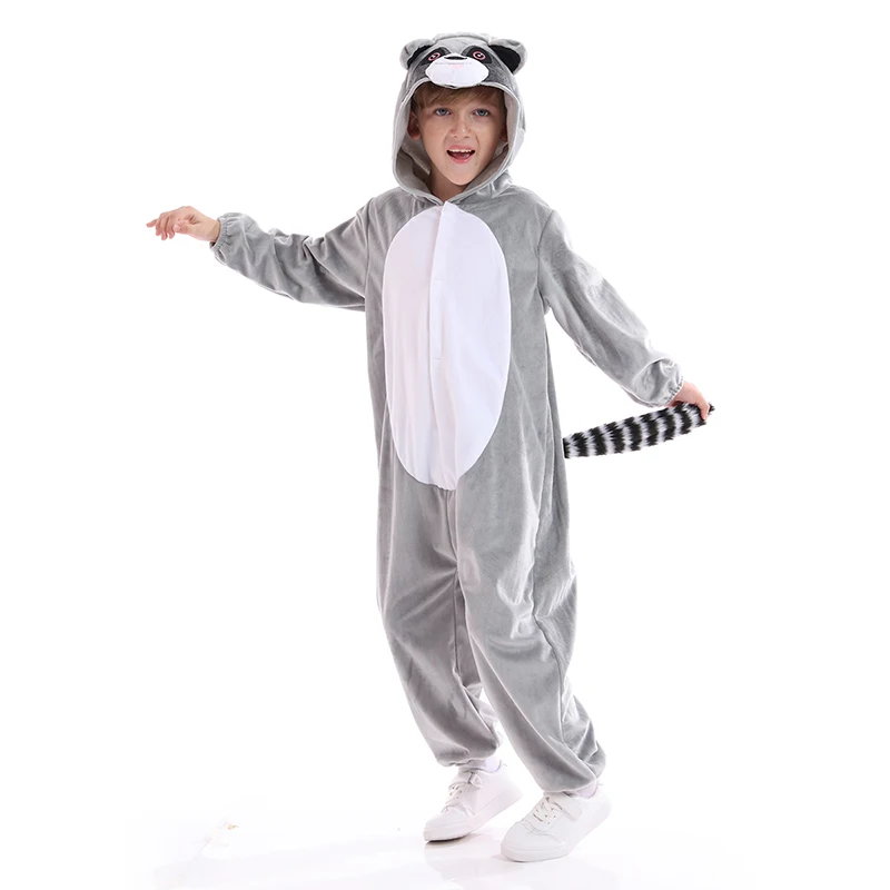 Disfraz de Cosplay de mapache gris Unisex para Halloween, pijama de animales de mapache con cola, mono con forma de Animal