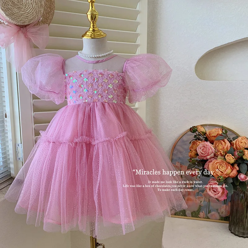 

Детские платья, новинка 2023, детское платье принцессы, красивое Пышное Платье для девочек, розовое милое Сетчатое платье с пышными рукавами