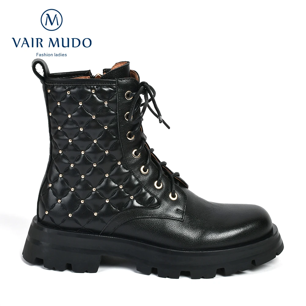 

VAIR MUDO New Lady Boots Women Shoes Casual Rivets Comfortable Martin Shoes Lady Lace Up Low Heel Black Women Shoes Boot DX191L