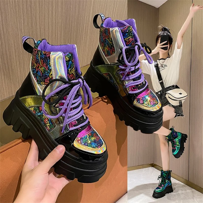 NEW Autmn Women Ankle Boots 8CM Heels High Top Wedges Chunky Sneakers Platform Leather Bling Shoes For Women Botas Feminina 2022 images - 6