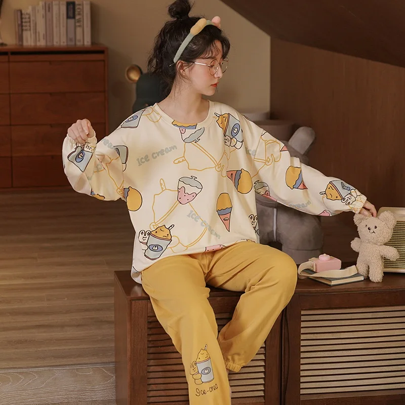 Fdfklak INS Net Red Cotton Pajamas Women New Long Sleeve Pant Suit Spring Autumn Home Clothes Cartoon Student Sleepwear Set