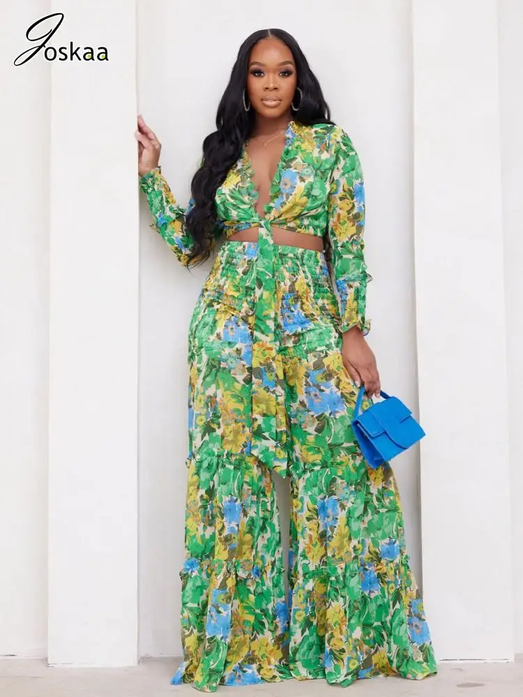 

Joskaa Floral Print Two Piece Set Women Sexy Long Sleeve Tie Up Shirt and Wide Leg Flared Pants Matching Fall 2023 Streetwear