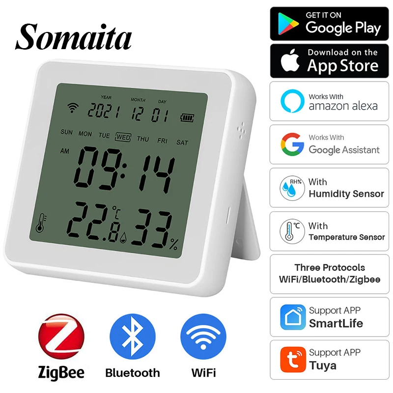 

Somaita Tuya Zigbee Temperature Humidity Sensor Smart Home Thermometer Hygrometer With LCD Display For Alexa Google Assistant
