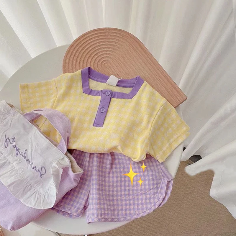 

Cute Children Clothing Hot 2022 Summer New Short Sleeved T-shirt Pants Solid Plaid Children's 0-6m Sets Girls Vacation Outfits