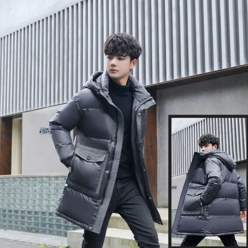 Мужской пуховик средней длины теплая Свободная куртка с капюшоном зимний 2023