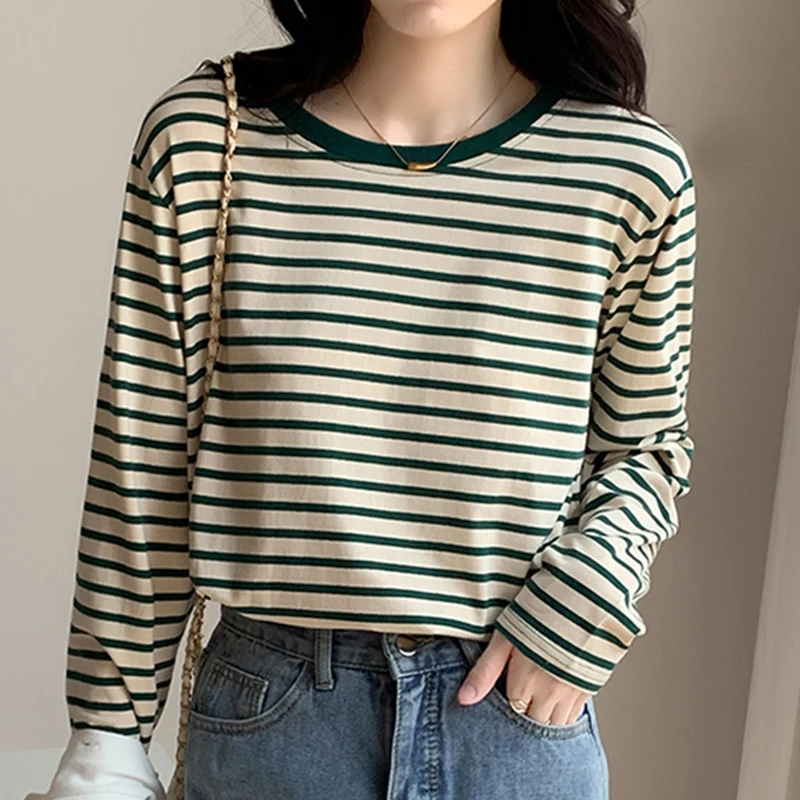 

Striped T Shirt Women Cotton Long Sleeve Top Casual Loose O-Neck Tshirt Autumn Korean Style Womens Clothes basic Tee Shirt Femme