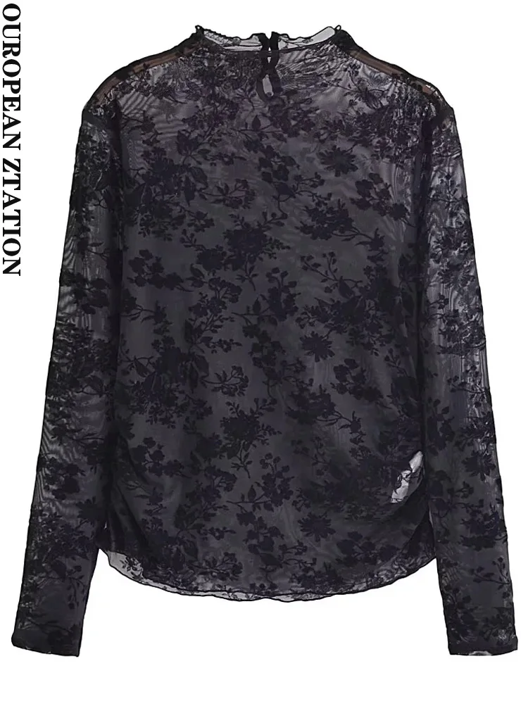 

PAILETE Women 2022 fashion with ruched printed tulle blouses vintage half high neck long sleeve female shirts blusas chic tops