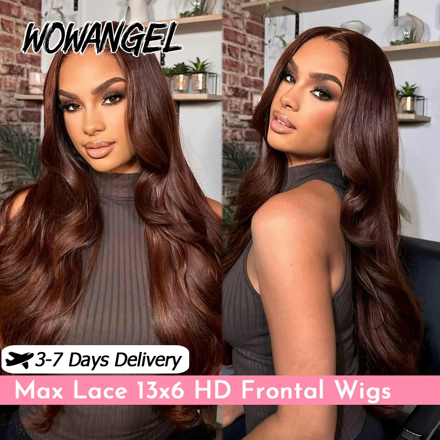 Фото WOWANGEL Коричневый парик из натуральных волос с эффектом Body Wave, 13x6 HD, с кружевной передней частью, предварительно снятая линия роста волос, осветленные узлы, невидимое кружево, цветной парик №1
