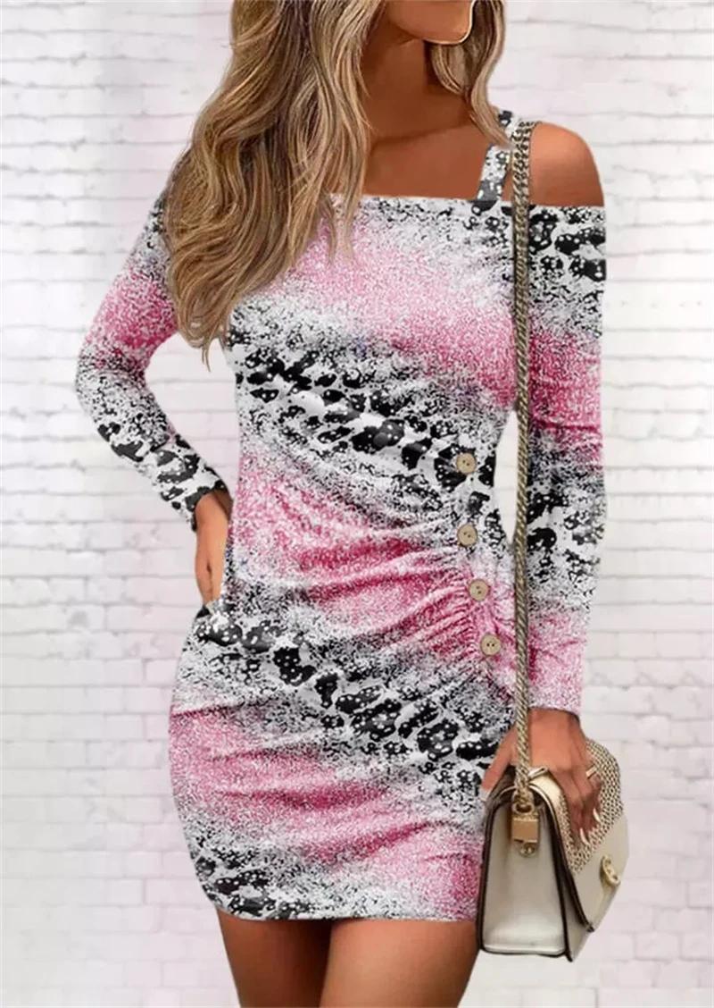 

Leopard Gradient Button Ruched One Sided Cold Shoulder Mini Dress For Women Elegant Korean Clothes Long Sleeve Dresses Autumn