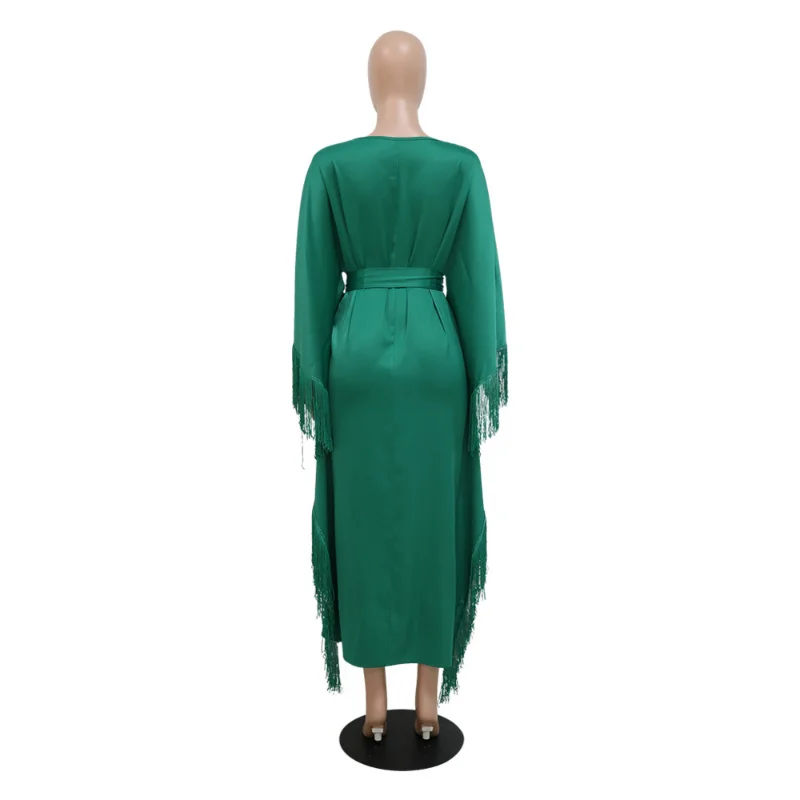 Summer Spring 2023 Muslim Women Long Sleeve O-neck Green Polyester Long Abaya Tassel Muslim Dresses Muslim Fashion Abaya