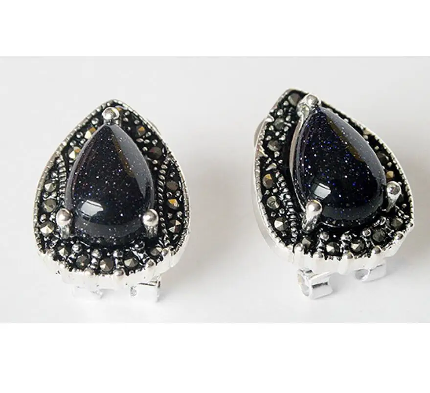 

Бесплатная доставка, Винтажные серьги-гвоздики из искусственного серебра, голубого песка, нефрита, марказита, 15x19 мм