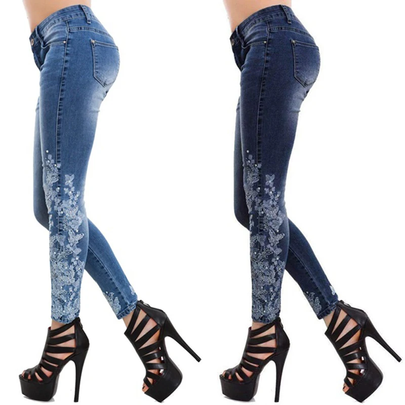 

Модные женские джинсы с высокой талией, Узкие синие джинсовые брюки-карандаш, женские эластичные джинсы с эффектом потертости