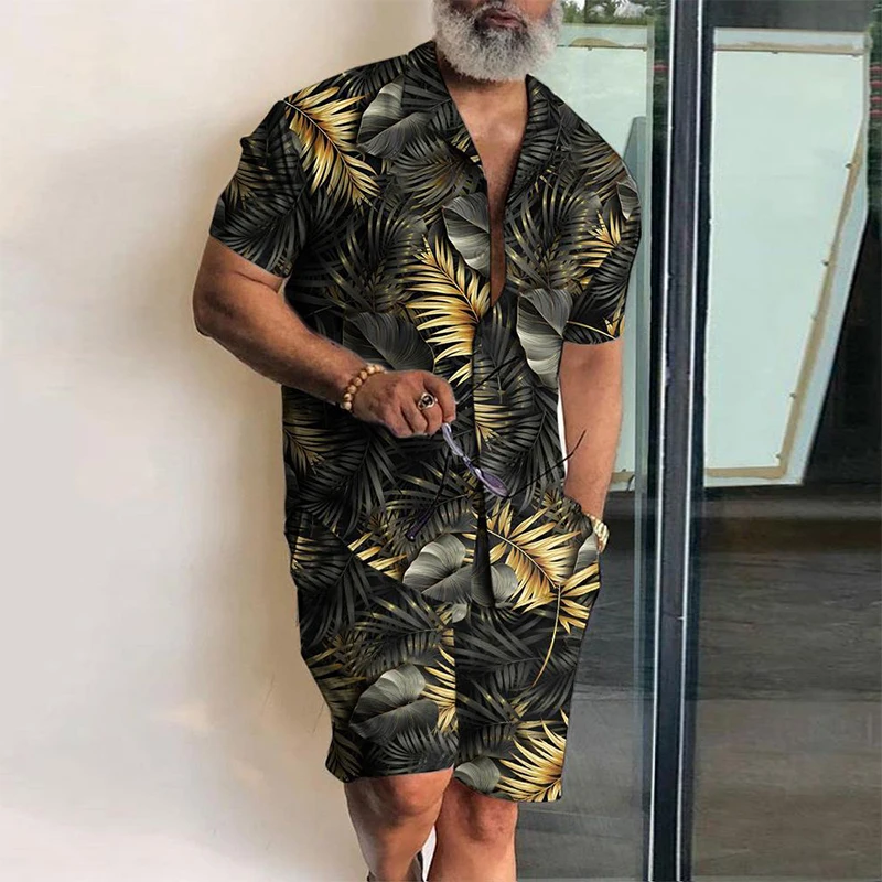 New Summer Hawaiian Printed Men Suit Fashion Lapel Shirt And Shorts Two Piece Sets 2023 Casual Loose Man Beach Outfits Clothes