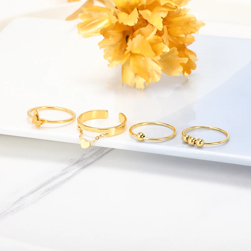 

Gold Color Stainless Steel Matte Surface Butterfly Rings For Women Men Minimalist Beads Heart Rings bijoux femme