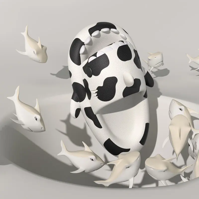 Funny Graffiti Cow Shark Slipper Women's Non Slip Home Shoes Ultra Weightlight Flip Flop Woman Cloud Boat Slipper Big Size 43 44