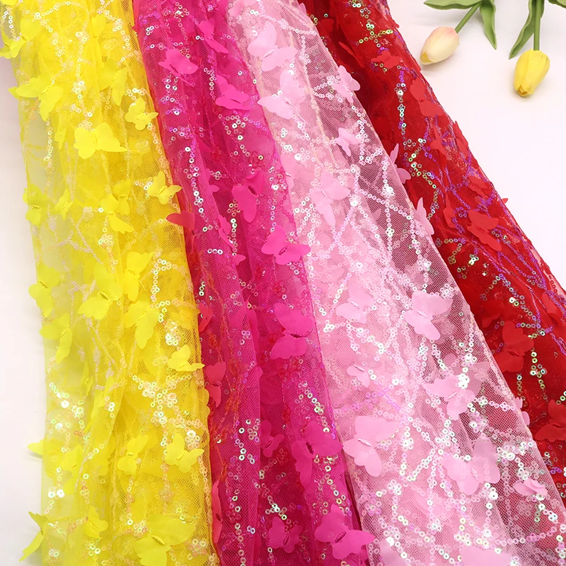 130x91cm New Mesh 3D Butterfly or Flowers Sequin Lace Fabric DIY Wedding Birthday Party Dress Children's Accessories