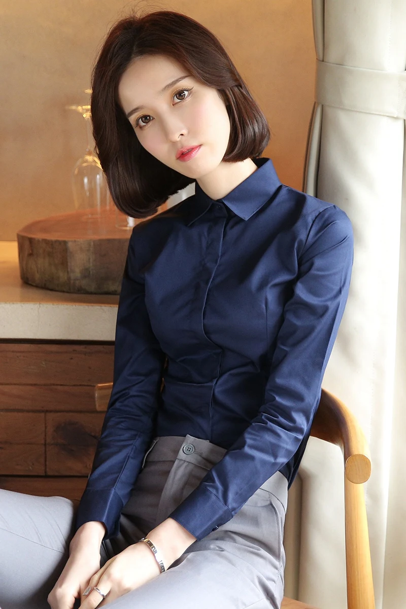 Professional Shirts Women White Long sleeve Spring 2024 Sapphire Blue Slim fit Shirt Temperament Cargo