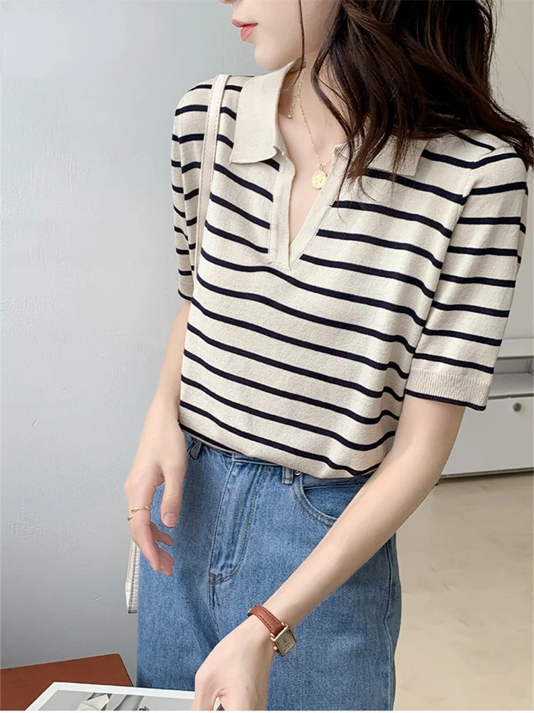 

Dinboa-2022 Striped Knitted Woman Tshirts Y2k Tops 2022 Summer Office V-neck Casual Korean Fashion Harajuku Clothing Ladies Top