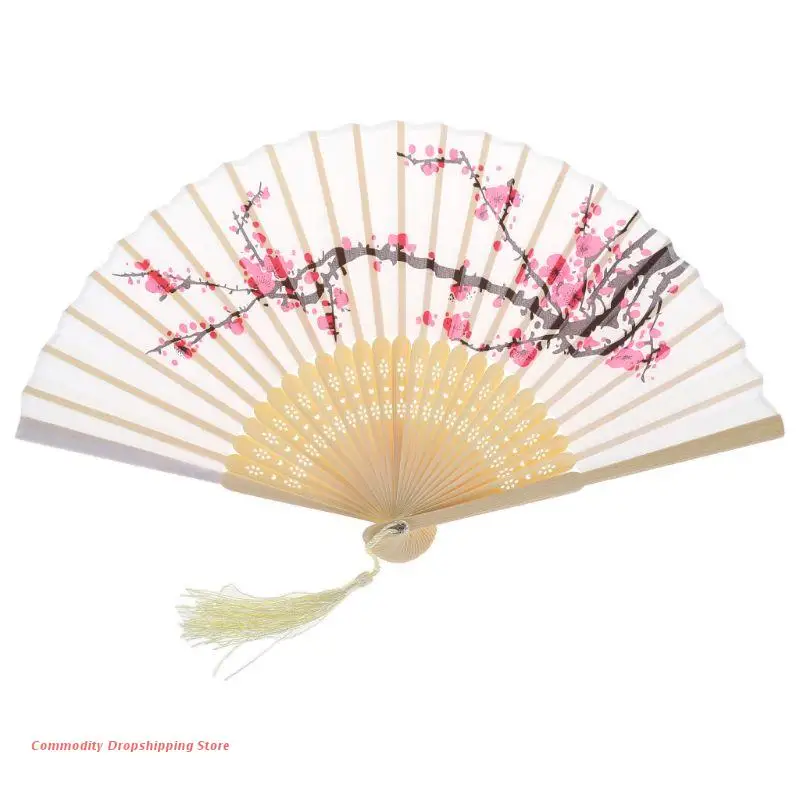 

Vintage Chinese Folding Hand Held Fan Japanese Plum Blossom Tassel Silk Bamboo Wedding Party Dancing Decor Gift Fan Bag Fan Rack