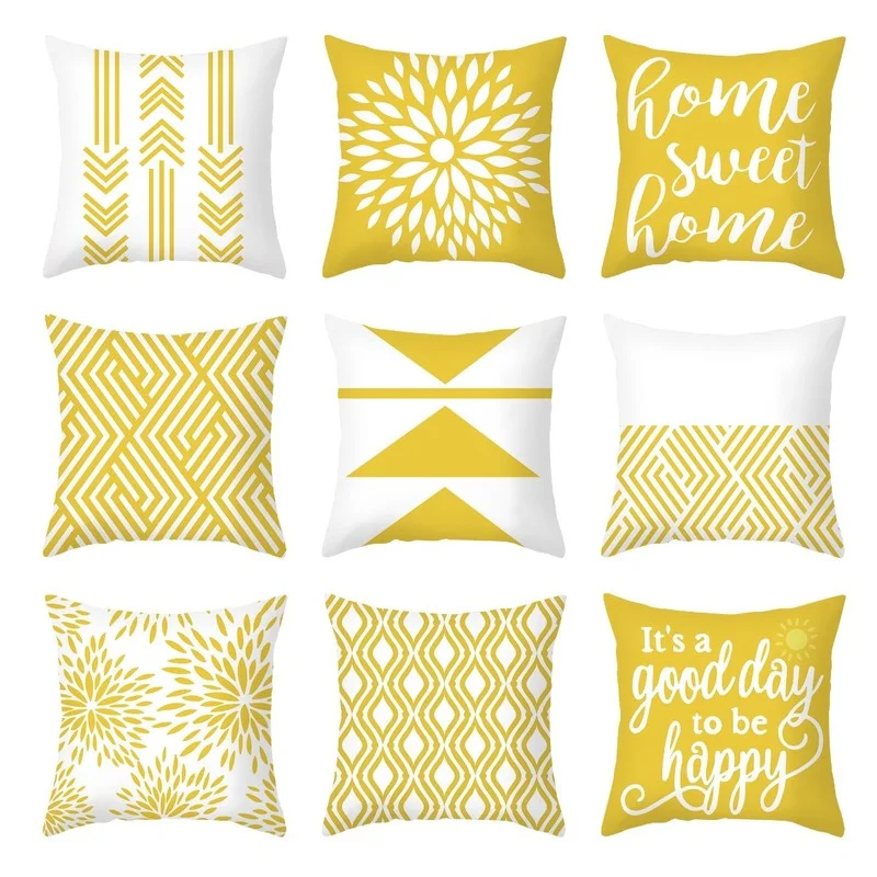 

Yellow Grey Geometric Cushion Cover 45X45 Letter Striped Pattern Decorative Throw Pillows Nordic Style Polyester Pillowcase