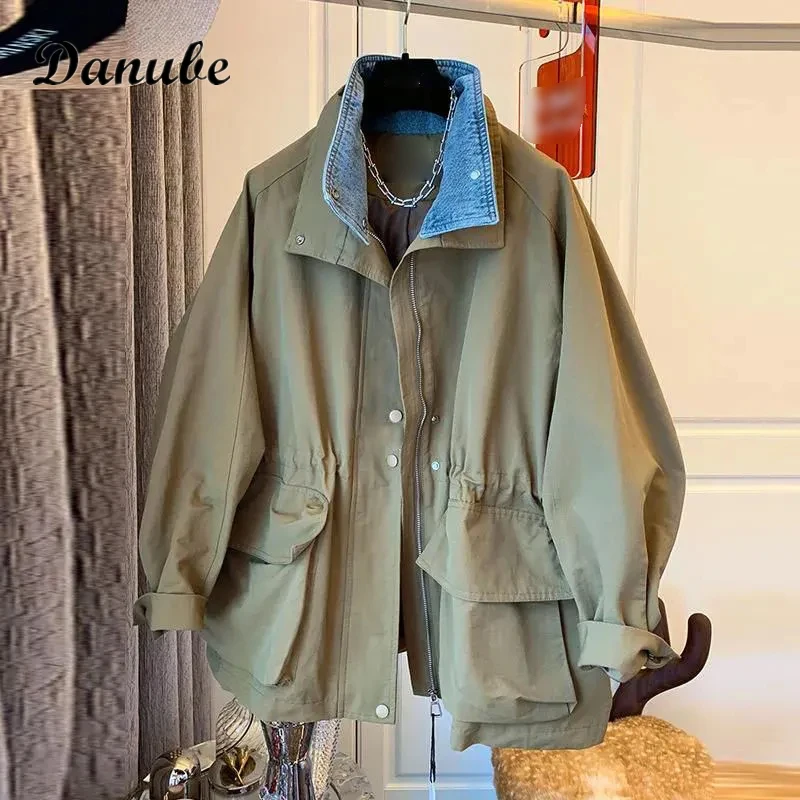 

Тренчкот женский джинсовый в стиле пэчворк, Повседневная Свободная Ветровка цвета хаки с отложным воротником в Корейском стиле, элегантная простая одежда