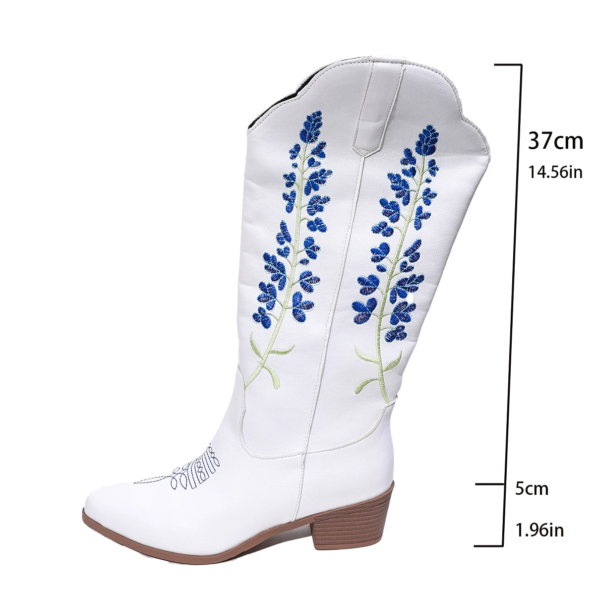 Fashion Embroidered White Cowboy Boots Women Pointed Toe V-Cut Chunky Heeled Western Woman Autumn Winter Knee High Botas