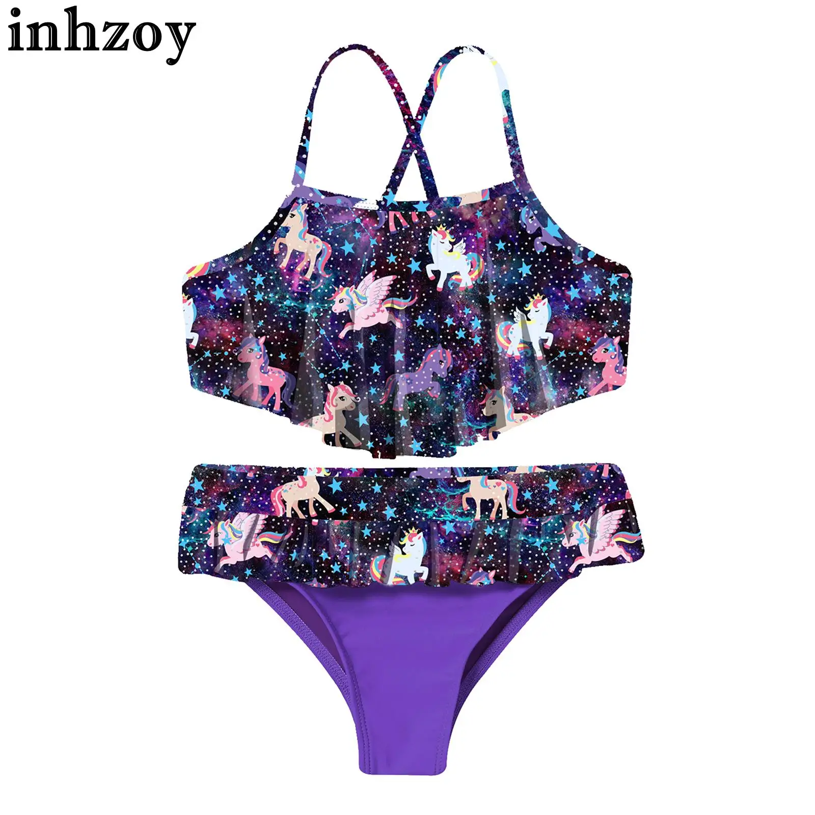 

Kids Girls Swimwear Bikini Suit Cartoon Print Cross Back Ruffle Crop Tank Top with Brief Set Beach Pool Tankini Bathing Suit