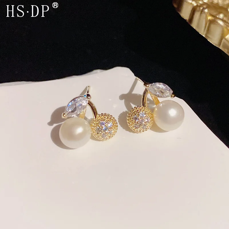 

Fashion Pearl Cherry Stud Earrings For Women High Quality Cute Copper Gold Plated Zircon Plant Earring Original Jewelry 2023 New