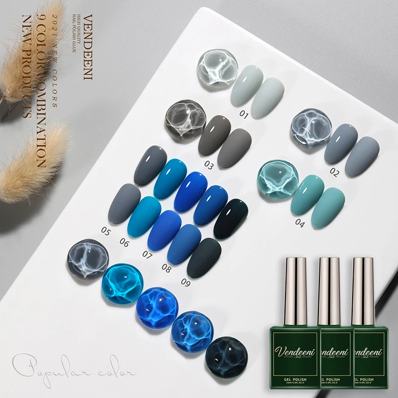 Vendeeni 9 Colors Gel Nail Polish Gray Blue Cyan Gel Varnish For Nail Art Design Semi Permanent UV LED Soak Off Gel Lacquer 15ml