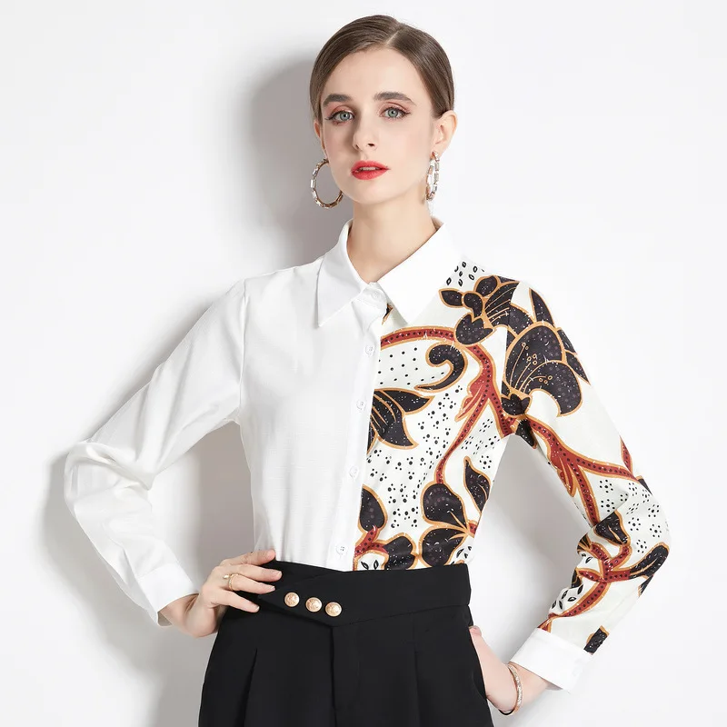 

High Quality Polo-Neck Long Sleeve White Blouse Chic Vintage Floral Printed Women Shirt