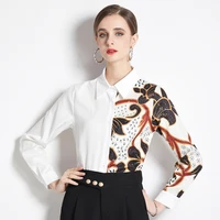 high quality polo neck long sleeve white blouse chic vintage floral printed women shirt