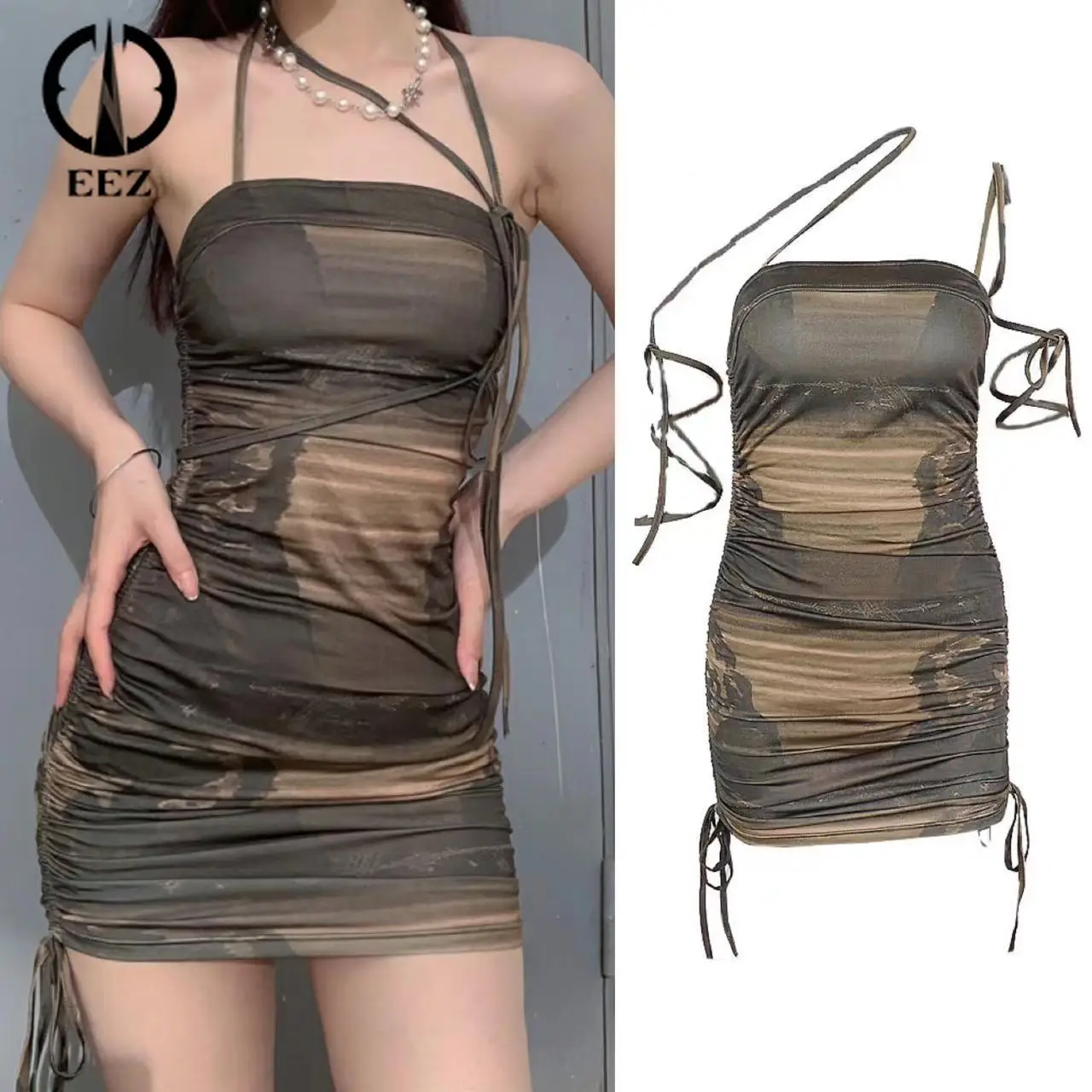 

Vintage Tie Dye Bodycon Lace Up Mini Dress Drawstring Sexy Off Shoulder Green Summer Party Dress Women Gothic Clubwear 2022 New