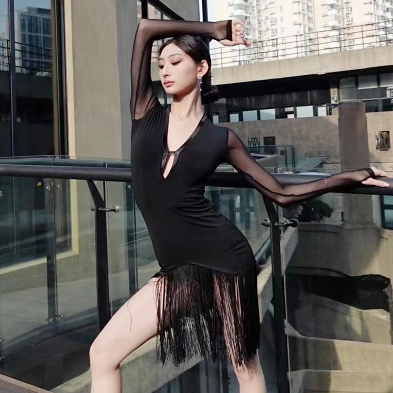 

Женское платье для латиноамериканских танцев, черное Сетчатое платье с длинным рукавом, одежда для тренировок для взрослых, танцевальная одежда ча-Румба, платье с V-образным вырезом, BL11097