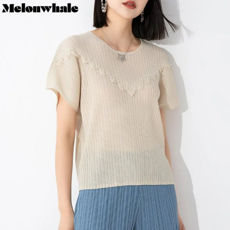

MelonWhale Pearls Miyake Pleats Solid T-Shirt Handmade Pleated Tops Short Sleeve Women Korean Designer Casual Summer Thin