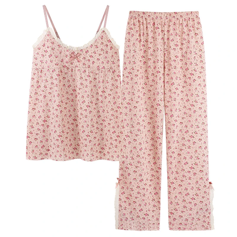 Pajamas Women Summer Suspender Pants INS Vintage Fragmentary FrenchSweet Sexy Can be Worn Out Two-piece Set with Breast Pad Slee