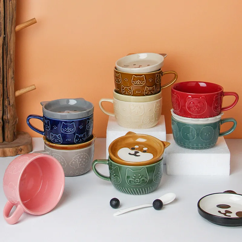 

Ceramics Cute Cat Cup Shiba Inu Coffee Cups Mug with Lid Personality Gift Household Cartoon Kawaii Kids Breakfast Oat Milk Mugs