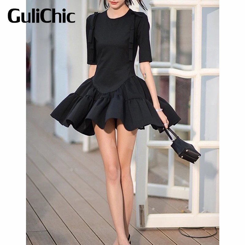 

5.18 GuliChic Women Elegant Temperament Half Sleeve Bow Collect Waist Slim Black Smocked Dress