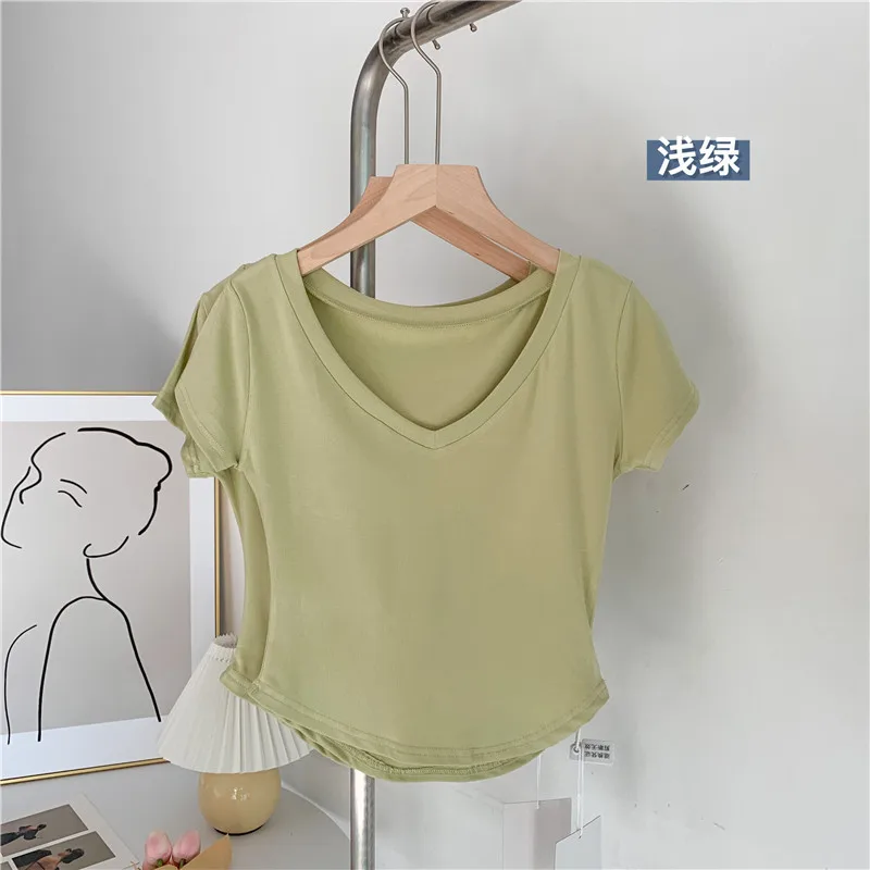 

2022 NEW FASHION WOMEN Solid color short-sleeved V-neck summer new casual bottoming shirt