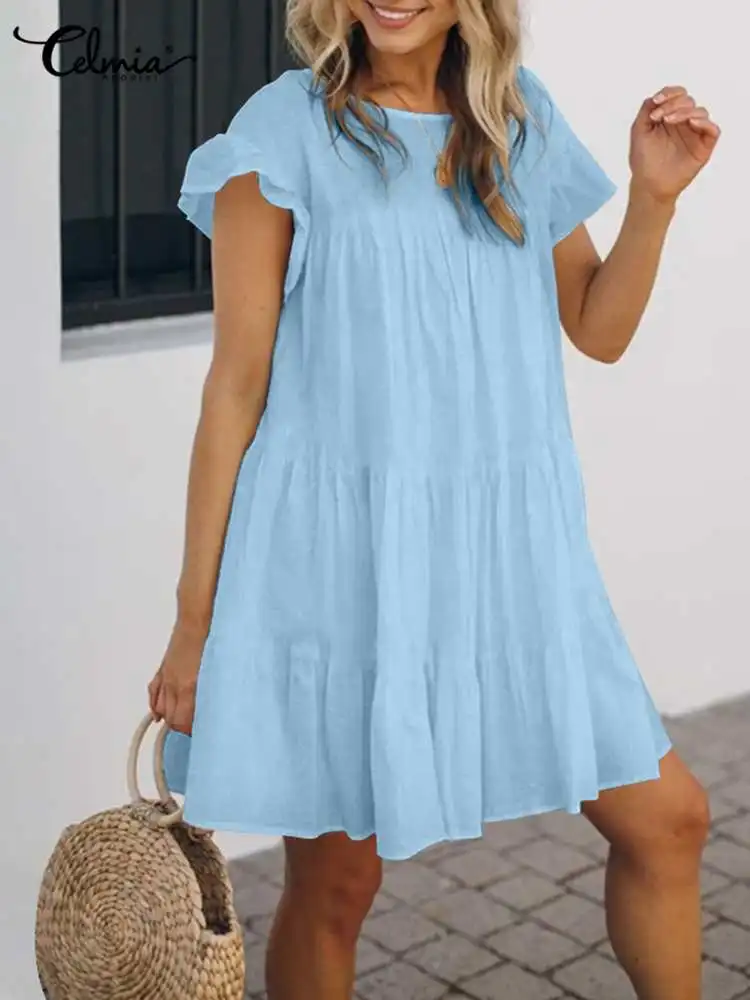

Celmia Short Sleeve Women Sundress Ruffled Streetwear Bohemian Loose Vestidos Casual Solid Fashion 2022 Summer Mini Dress