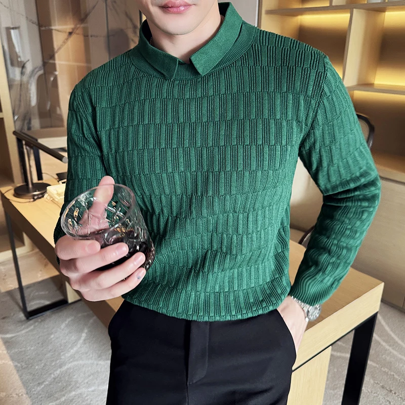 70%COTTON High Quality Men Lapel Solid Color Warm Sweater for Autumn and Winter Layered-look with A Sewn-in Shirt Collar