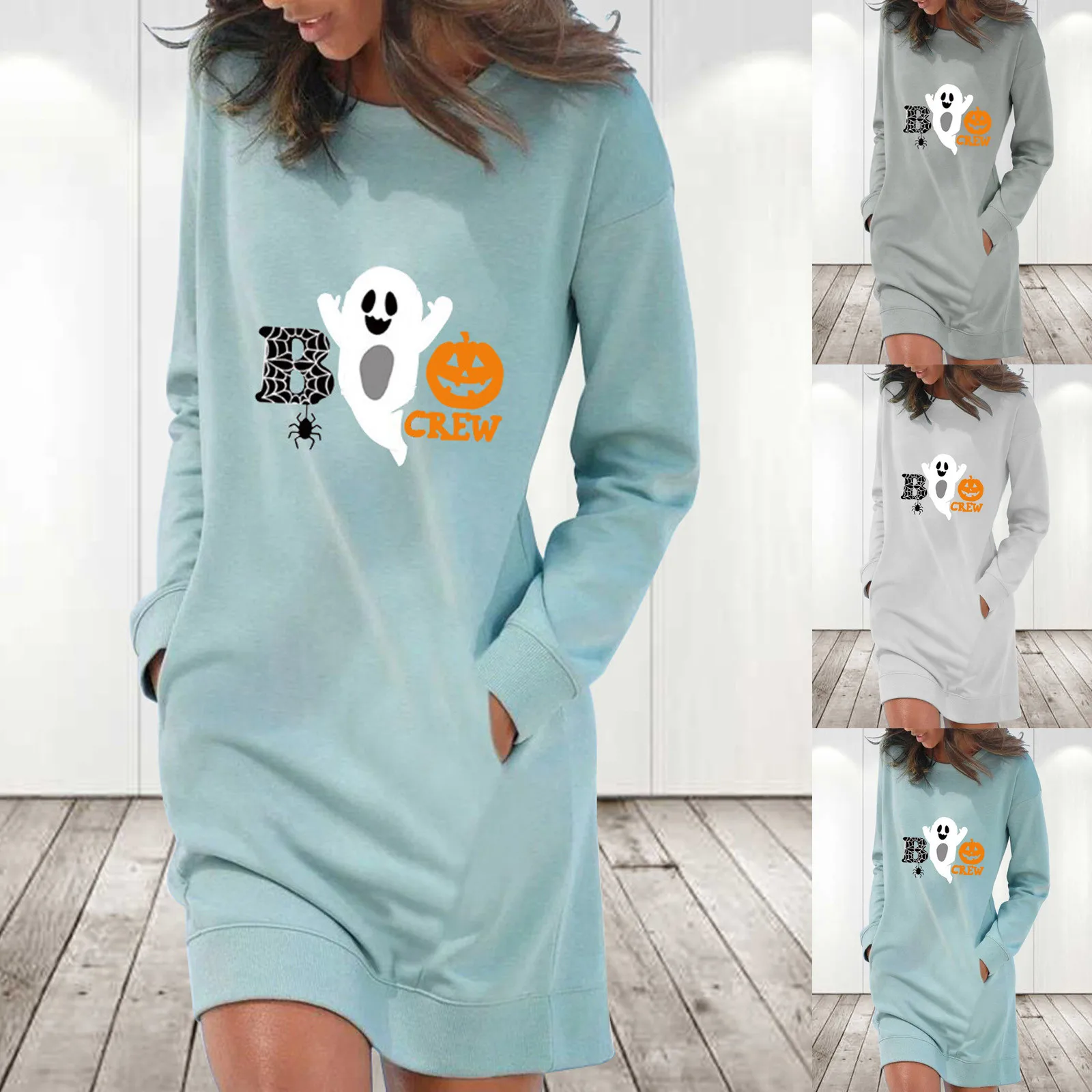 

Женское повседневное однотонное платье sukienka, белое Повседневное платье с длинным рукавом, круглым вырезом и карманами на лето 2022