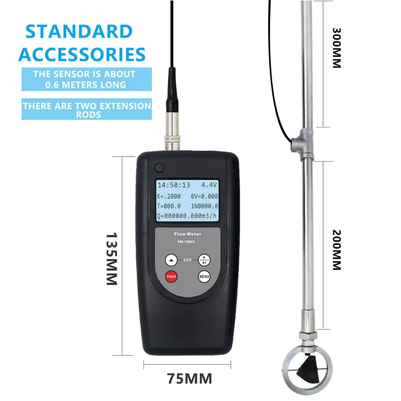 

Portable Flow Meter FM-100V5 Digital Flowmeter Portable Flow Rate Meter Open Channel Flow