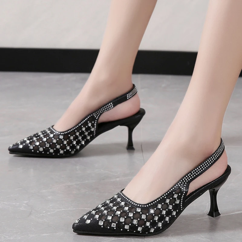 Сандалии женские на высоком каблуке, босоножки с заостренным носком, с бантом, модная обувь для вечеринок, черные