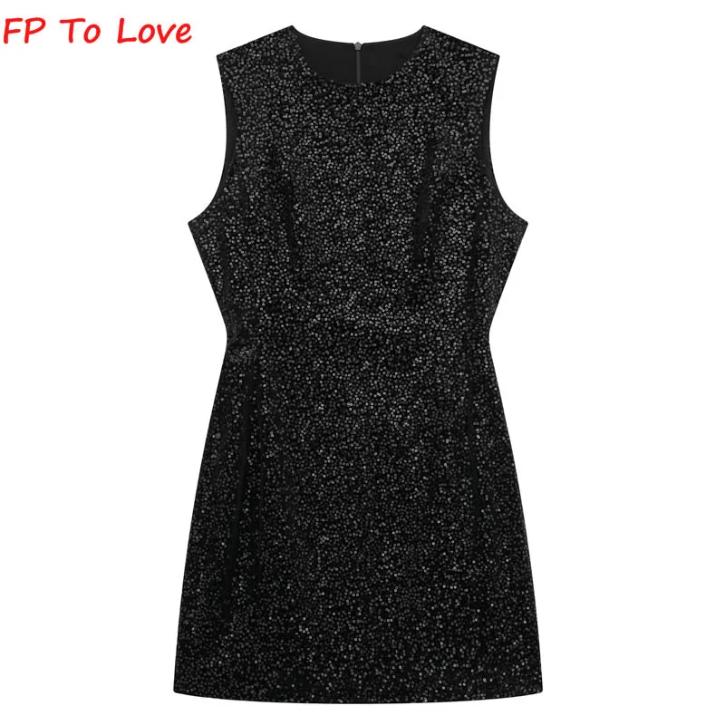

Black Sequins Sleeveless Mini Dress Office Lady Streetwear Basic Party Look Blogger Woman Straight Zipper 9332976