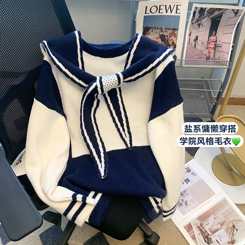 

Женский вязаный свитер с длинным рукавом, Свободный пуловер в стиле ретро темно-синего цвета с воротником, Осень-зима 2023