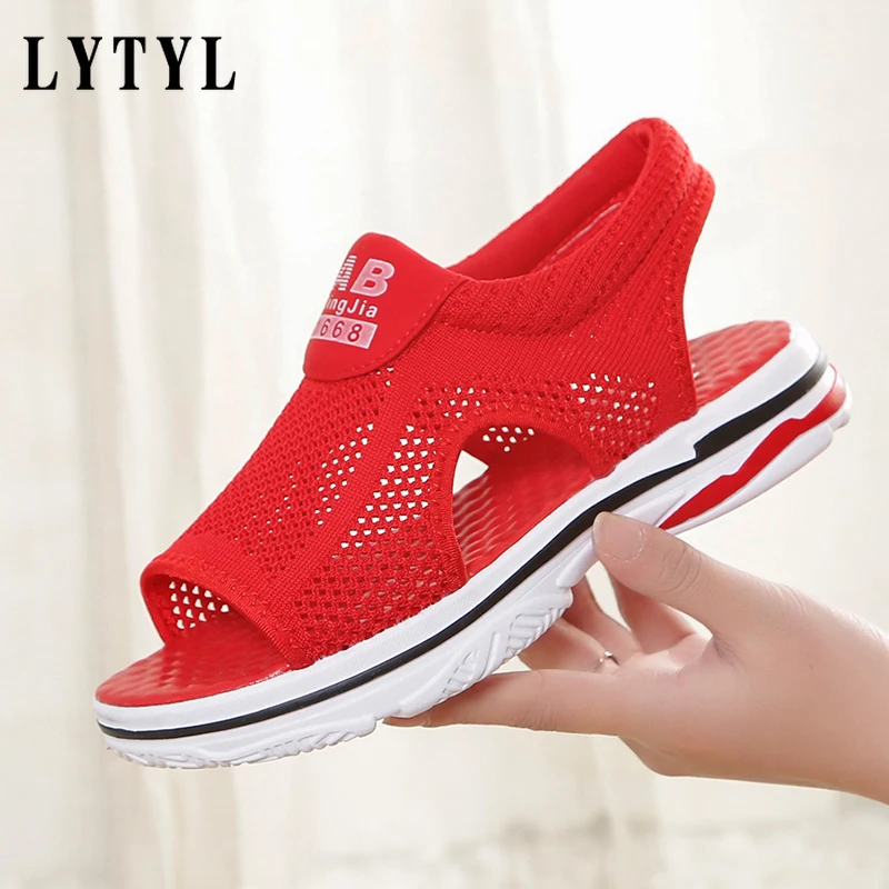 

Summer New Women's Sandals Breathable Mesh Sports Women's Wild Thick-soled Muffin Open-toed Roman Shoes Sandals Women D1-10