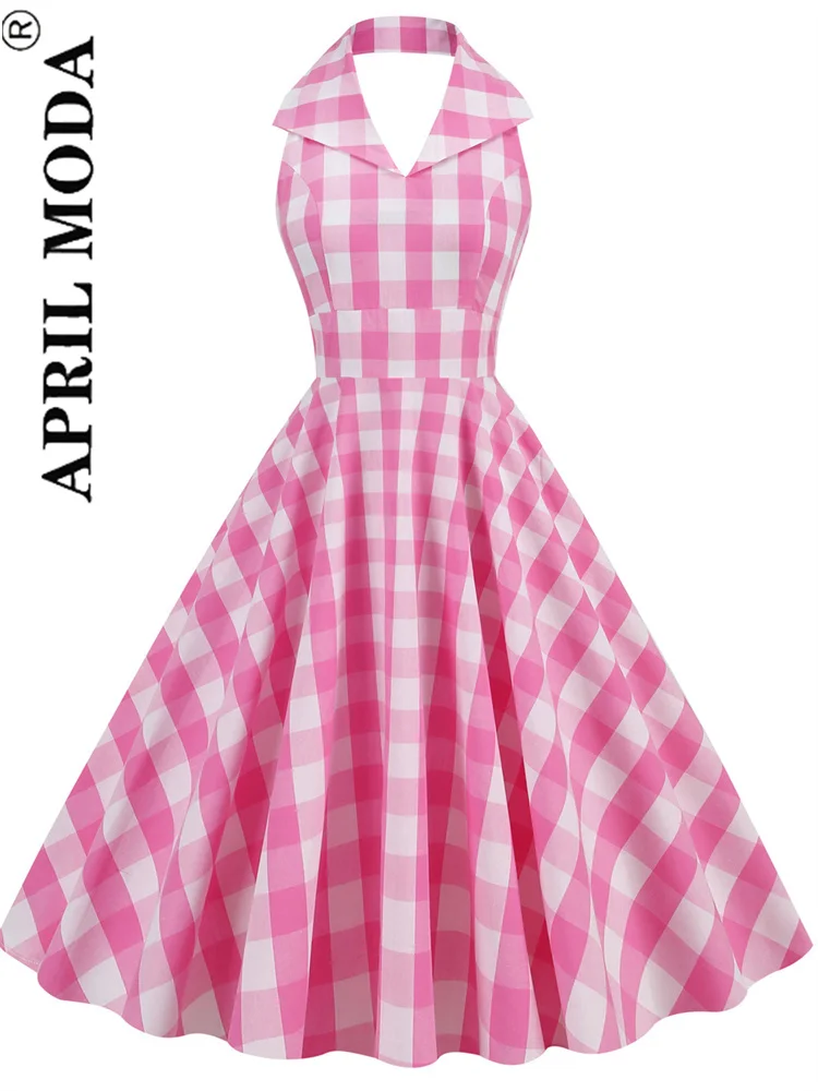 

Ретро винтажное розовое клетчатое сексуальное повседневное расклешенное платье летнее платье с открытой спиной на бретелях с отложным воротником праздничное подиумное короткое платье для выпускного вечера