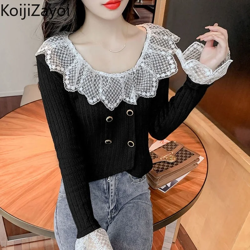 

Koijizayoi Sweet Women Lace Blouse Spring Autumn 2022 Chic Fashion Solid Shirt Knitted Cropped Tops Slim Outwear Blusas